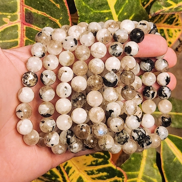 Hand Crafted Jewelry - Rainbow Moonstone and Smokey Quartz 10mm Beaded Crystal Stretch Bracelet